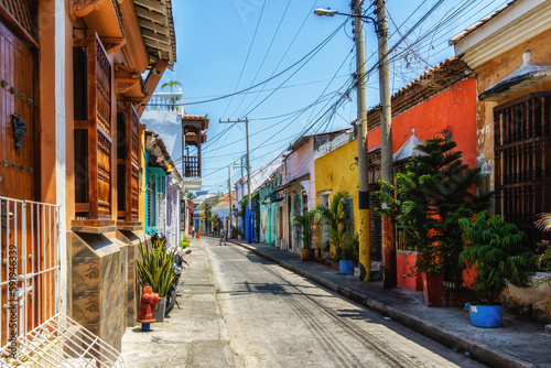 Scenic colorful streets of Cartagena in historic Getsemani district.