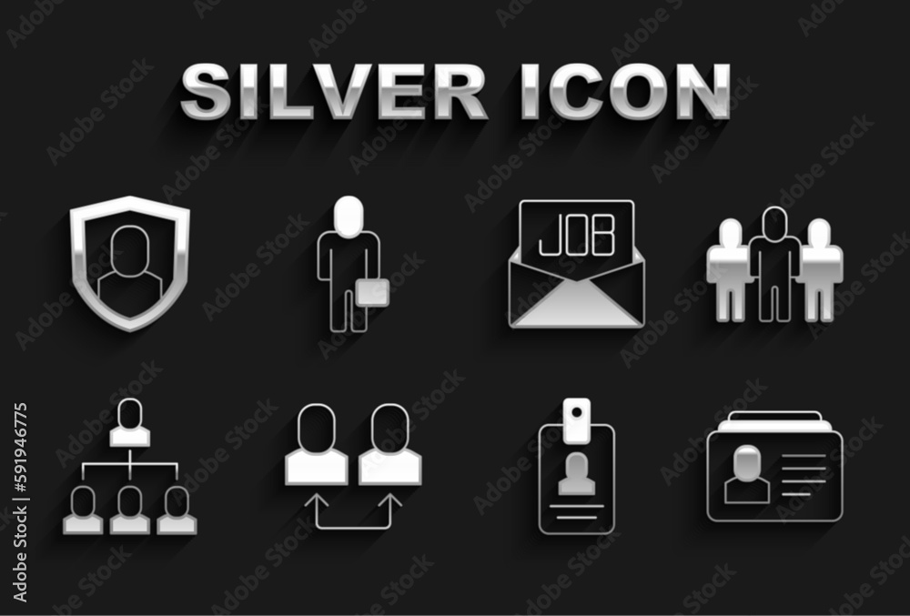 Set Exchange work, Project team base, Resume, Identification badge, Employee hierarchy, Search job, User protection and Businessman icon. Vector Set Exchange work, Project team base, Resume, Identification badge, Employee hierarchy, Search job, User protection and Businessman icon. Vector