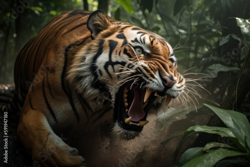 Furious tiger growling and attacking with full force, wildlife, action shot, with generative AI technology