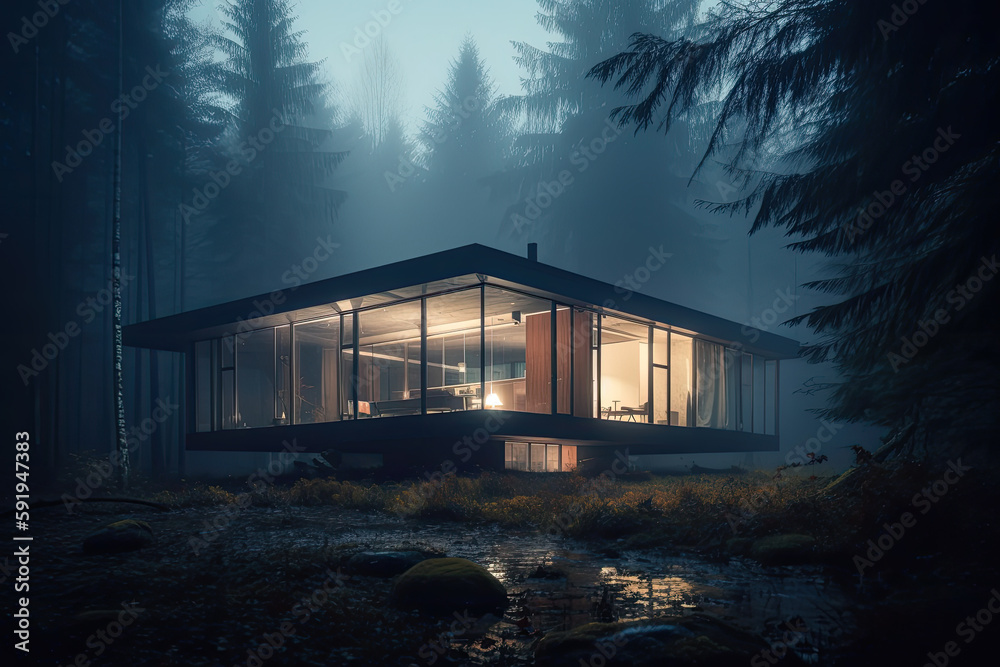 modern house in the woods created with Generative AI technology modern house in the woods created with Generative AI technology