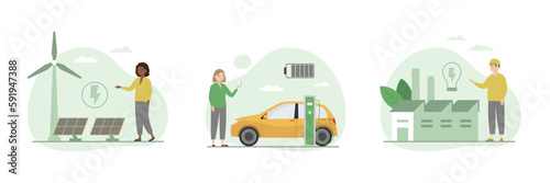 WebGreen electricity energy illustration set. Clean industrial factory with windmills and solar panels, electric car and green energy factory. Flat cartoon style