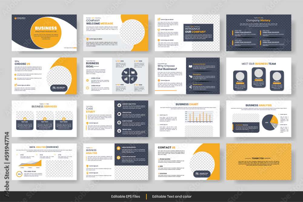 Business presentation slides template Vector, minimalist slide layout template Design, Business slide with yellow and dark color, Corporate presentation slide for Business organization
