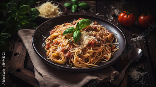 Spaghetti on a Plate, Kitchen Atmosphere. generative ai