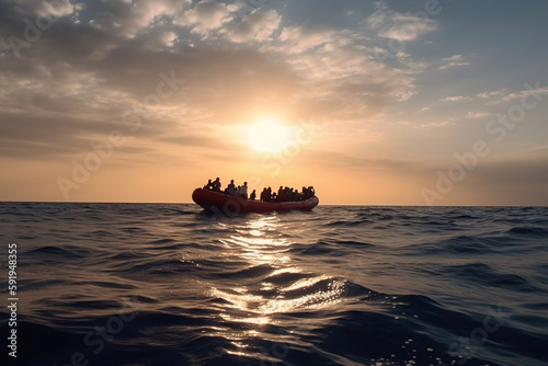 A dramatic scene unfolds as migrants traverse the Mediterranean Sea on a boat, depicting the perilous journey and the human struggle for survival amidst the vast expanse of water photo