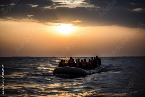 Illustration of migrants in a dramatic Mediterranean sea crossing