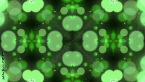 Green kaleidoscope bokeh shiny particle rain motion light luminance illustration night background, artistic space bokeh speed matrix magic effect background.