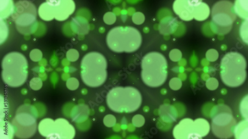 Green kaleidoscope bokeh shiny particle rain motion light luminance illustration night background, artistic space bokeh speed matrix magic effect background.