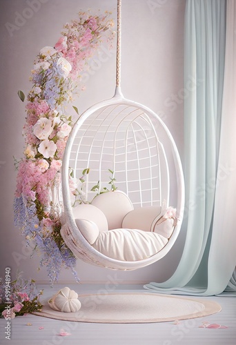 White floral swing. Soft pastel backdrop for photography