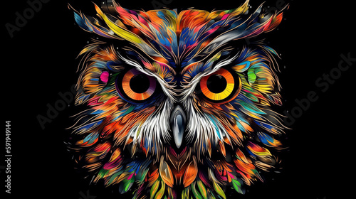 Isolated Colorful Owl Head On Black Background, Generative Ai