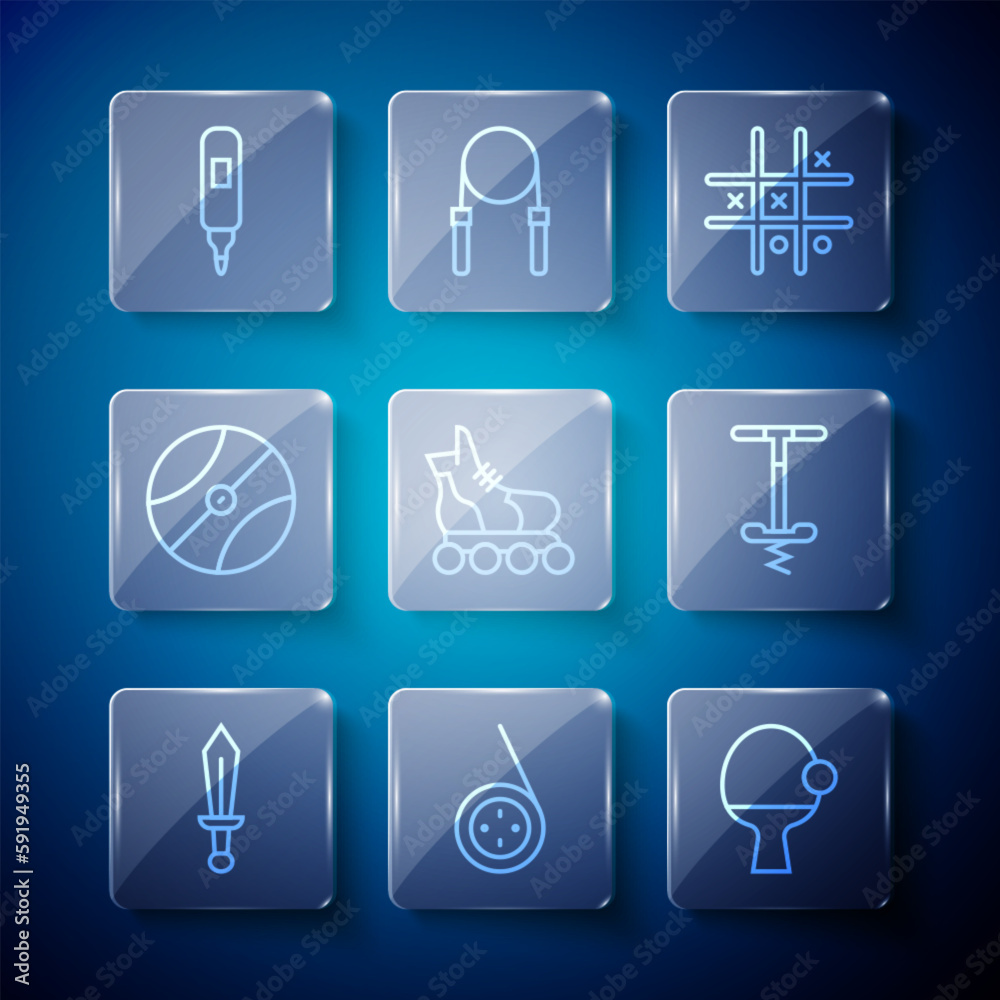 Set line Sword toy, Yoyo, Racket and ball, Tic tac toe game, Roller skate, Basketball, Marker pen and Pogo stick jumping icon. Vector