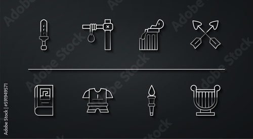 Set line Medieval sword, Greek history book, Crossed arrows, Torch flame, Body armor, Gallows, Ancient lyre and Broken ancient column icon. Vector