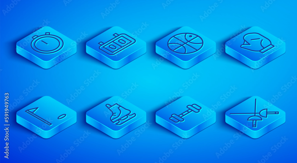 Set line Stopwatch, Sport mechanical scoreboard, Basketball ball, Skates, Dumbbell, Baseball glove, Golf flag and Fencing icon. Vector Set line Stopwatch, Sport mechanical scoreboard, Basketball ball, Skates, Dumbbell, Baseball glove, Golf flag and Fencing icon. Vector