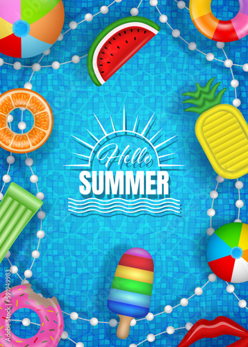 Hello Summer background with colorful inflatables on pool water. Summer poster with floating swimming rings, pool rafts and beach balls