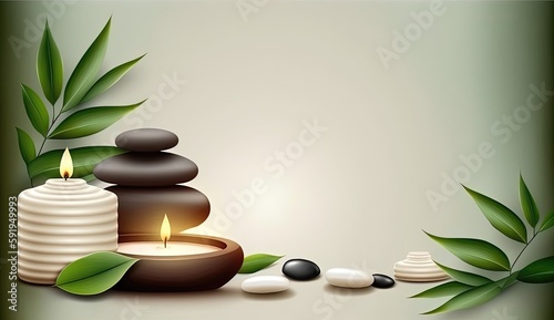 This spa background illustration showcases a serene atmosphere with flickering candles, polished stones, and fresh leaves. The natural elements. Relaxing environment. Generative ai.
