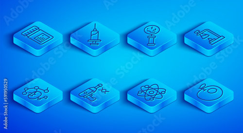 Set line Jar with additives, Syringe, Microorganisms under magnifier, Transfer liquid gun, Atom, Test tube flask on fire, Genetically modified food and apple icon. Vector