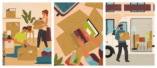People packing cardboard box with home stuff. House move and relocation service vector posters set. Man carry carton box to truck. Woman packs books to cardboard box