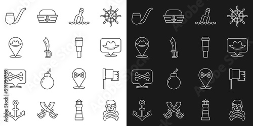 Set line Skull on crossbones, Pirate flag, Location pirate, Bottle with message in water, sword, Smoking pipe and Spyglass telescope lens icon. Vector
