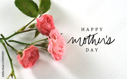 Fototapeta Naklejka Na Ścianę i Meble -  Elegant roses flat lay with happy mothers day greeting message background.