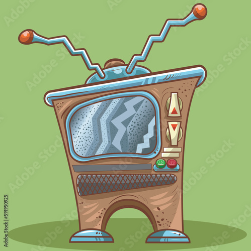 Old vintage wooden and tube television set with signal interference.