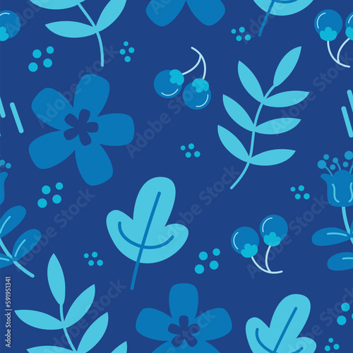 Seamless pattern of floral and leaves on blue background