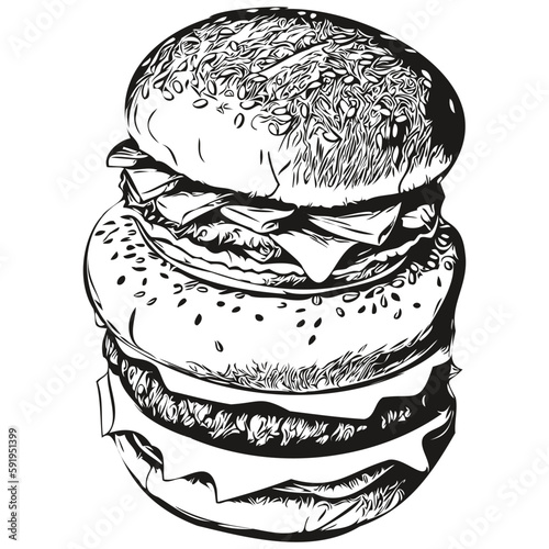burger logo, black and white illustration hand drawing hamburger
