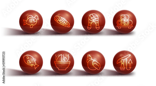 Set line Tropical fish, Sushi on cutting board, Scallop sea shell, Shark fin soup, Fish steak, Fishing harpoon and icon. Vector