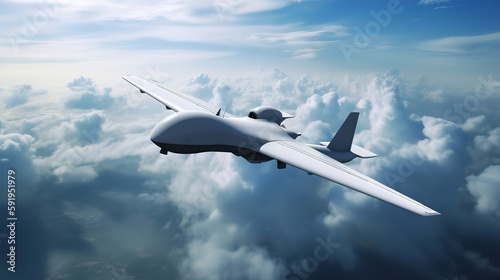 Unmanned military aerial vehicle flies in the sky. AI generated