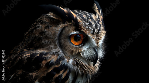 Isolated Detailed Owl Head On Black Background, Generative Ai