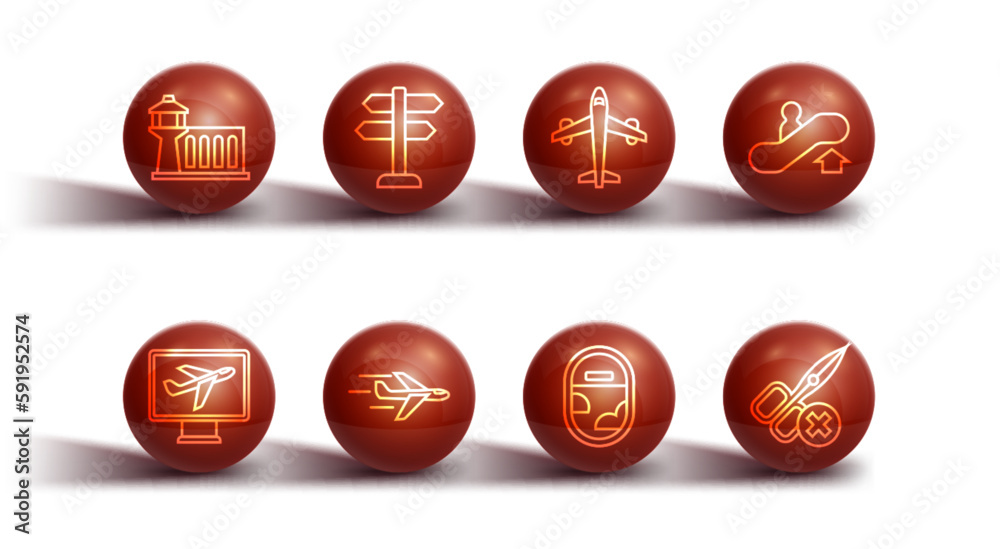 Set line Airport control tower, Plane, Escalator up, Airplane window, Road traffic sign, No scissors and icon. Vector Set line Airport control tower, Plane, Escalator up, Airplane window, Road traffic sign, No scissors and icon. Vector