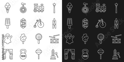 Set line Striker attraction with hammer, Drum drum sticks, Circus ticket, Toy train, Hotdog sandwich, Ice cream, waffle cone and Vintage bicycle icon. Vector