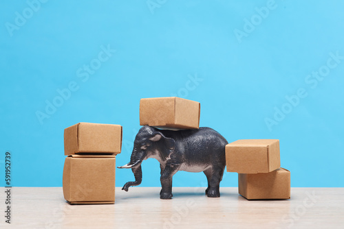 Elephant toy model with cardboard boxes on a blue background. Shopping, delivery concept
