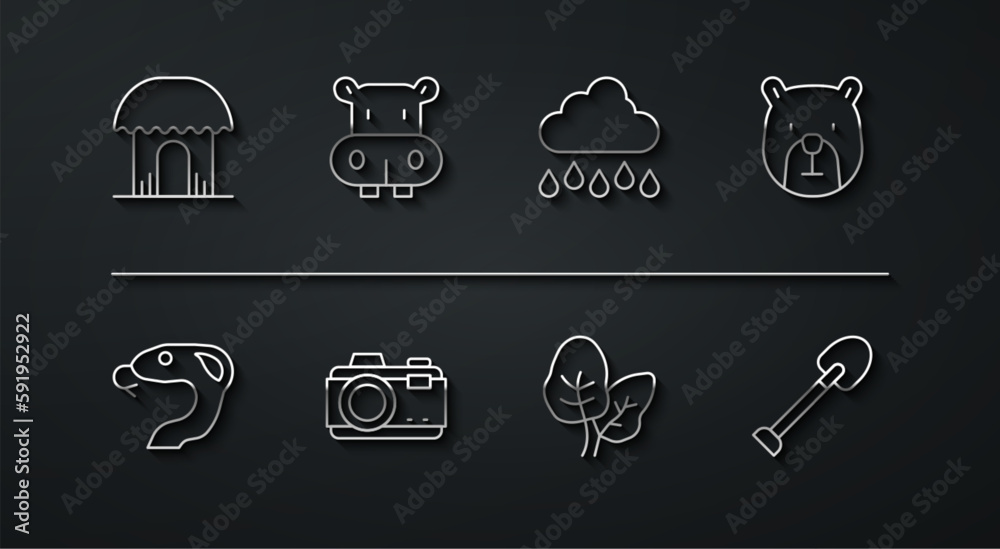 Set line African hut, Snake, Bear head, Tropical leaves, Photo camera, Hippo or Hippopotamus, Shovel and Cloud with rain icon. Vector Set line African hut, Snake, Bear head, Tropical leaves, Photo camera, Hippo or Hippopotamus, Shovel and Cloud with rain icon. Vector