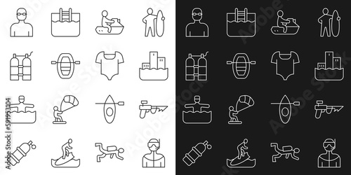 Set line Wetsuit for scuba diving, Fishing harpoon, Winner podium, Jet ski, Boat with oars, Aqualung, Swimmer and Swimsuit icon. Vector