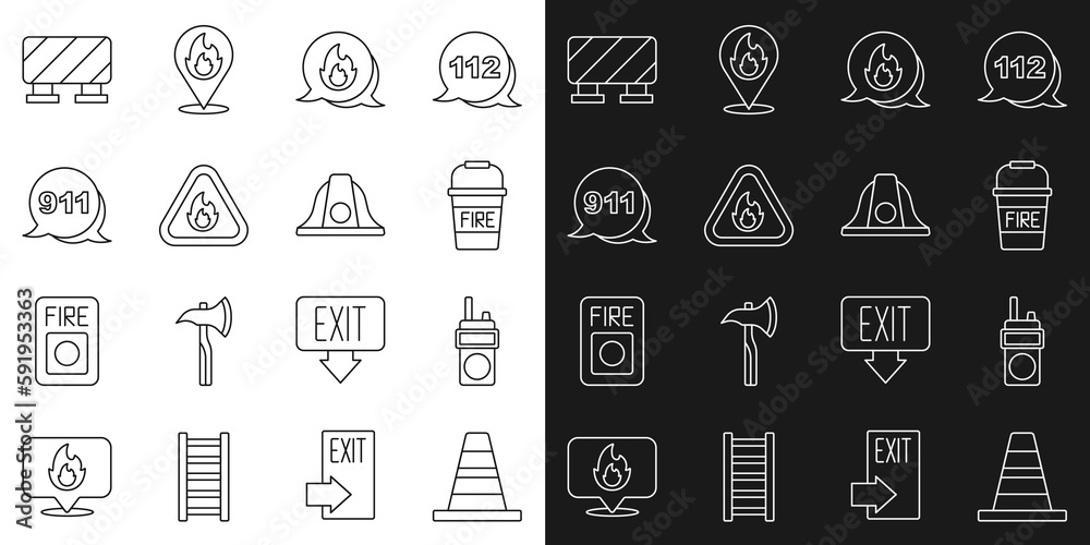Set line Traffic cone, Walkie talkie, Fire bucket, Emergency call, flame in triangle, 911, Road barrier and Firefighter helmet icon. Vector Set line Traffic cone, Walkie talkie, Fire bucket, Emergency call, flame in triangle, 911, Road barrier and Firefighter helmet icon. Vector