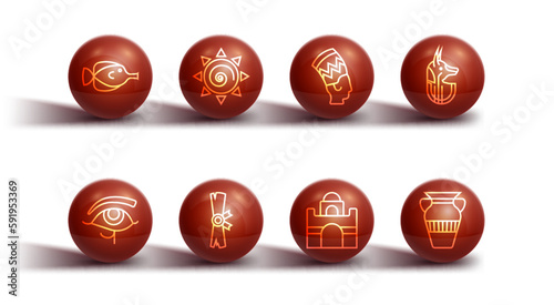 Set line Butterfly fish, Eye of Horus, Egyptian anubis, house, Papyrus scroll, Sun, vase and Nefertiti icon. Vector