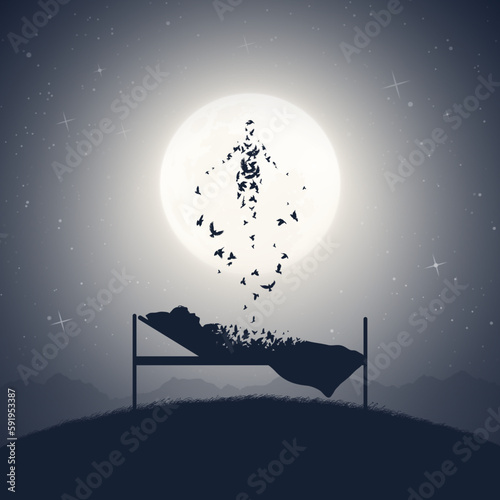 Old woman lying in bed. Death, afterlife. Flying human soul. Full moon