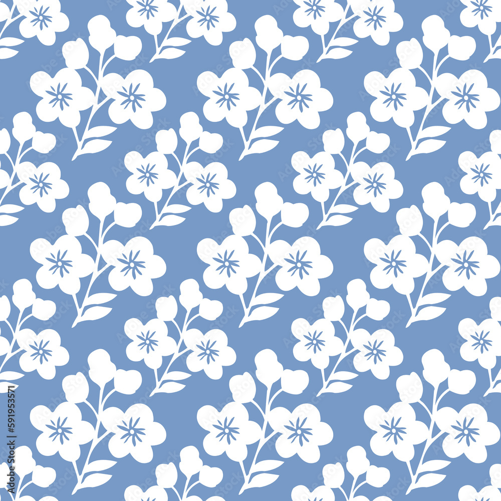Simple floral seamless pattern. White flowers on blue background. Print for textiles and wallpaper.