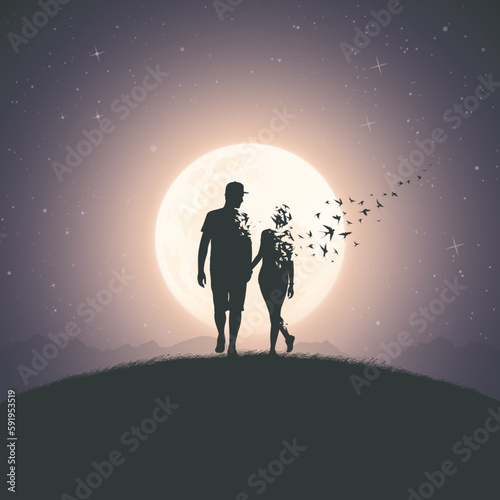 Couple in love walking. Death and afterlife. Flying birds, full moon