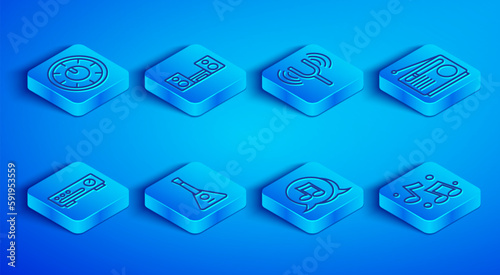 Set line Sound mixer controller, Home stereo with two speakers, Musical tuning fork, Balalaika, note, tone, Radio, and icon. Vector