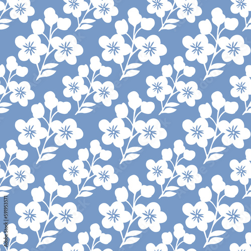 Simple floral seamless pattern. White flowers on blue background. Print for textiles and wallpaper.