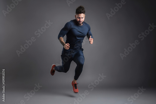 Athletic young man running on grey background. Run concept. Generative AI