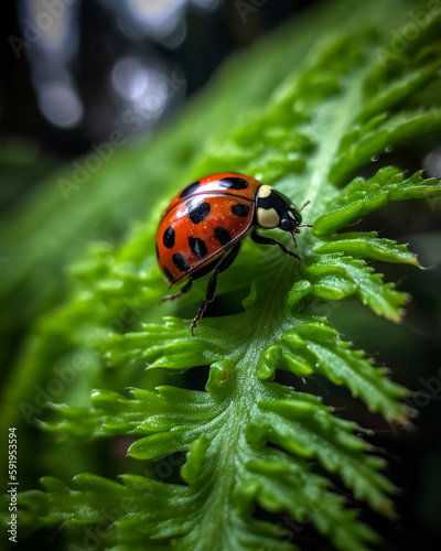 Close-up of a ladybug crawling along the edge of a bright green, curled fern frond, the vivid red and black insect contrasting against the lush spring foliage.