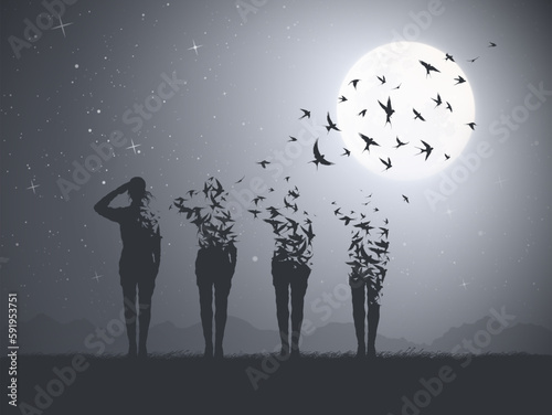 Army of soldiers. Death on battlefield. Flying bird outline, full moon