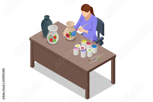 Isometric Pottery workshop. Ceramist person painting handmade crockery use brush. Pottery studio, pottery hobby. Handcrafted earthenware.