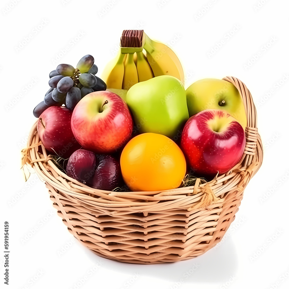 Fruits On Basket Isolated On White BAckground. Generative AI Fruits On Basket Isolated On White BAckground. Generative AI