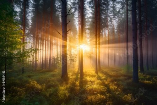 A forest with the sun s rays shining through the trees at sunrise. Generative AI.