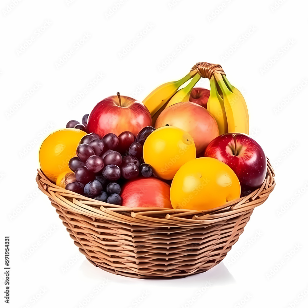 Fruits On Basket Isolated On White BAckground. Generative AI Fruits On Basket Isolated On White BAckground. Generative AI