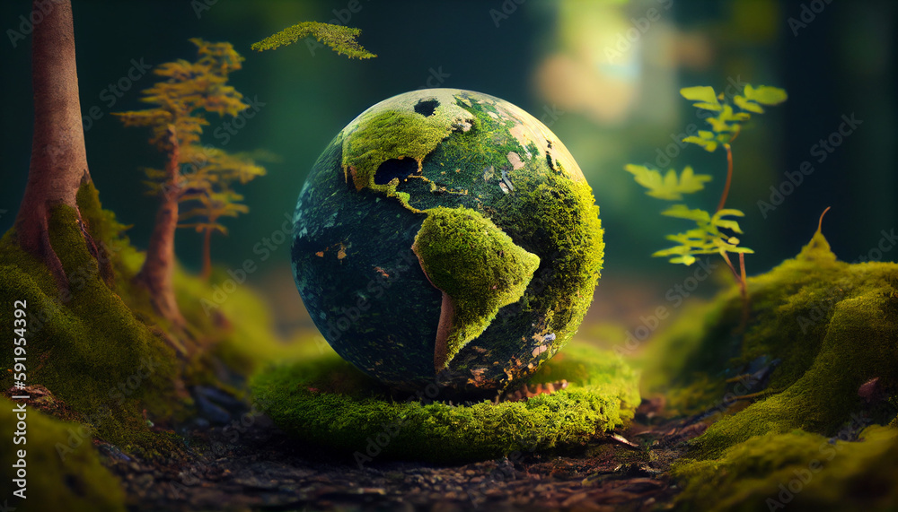 Globe On Moss In Forest Environmental Earth day concept. Ai generated image - obrazy, fototapety, plakaty 