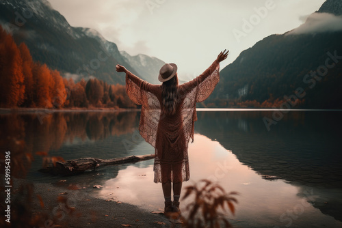 A joyful girl stands at the edge of a lake, arms raised in celebration, gazing out at the mountains. The serene landscape and vibrant colors create a stunning image. Generative ai.