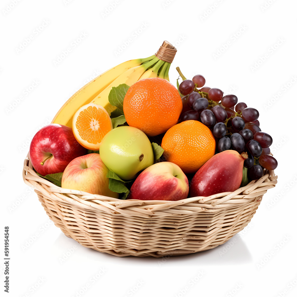 Fruits On Basket Isolated On White BAckground. Generative AI Fruits On Basket Isolated On White BAckground. Generative AI